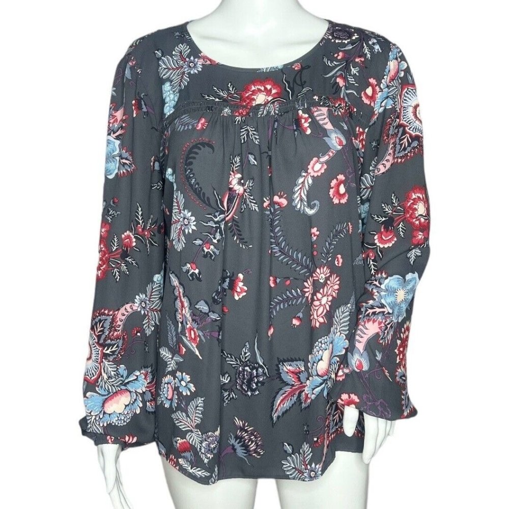 Loft Blouse‎ Women’s Medium Gray Multicolor Floral Mixed Media Long Sleeve Boho